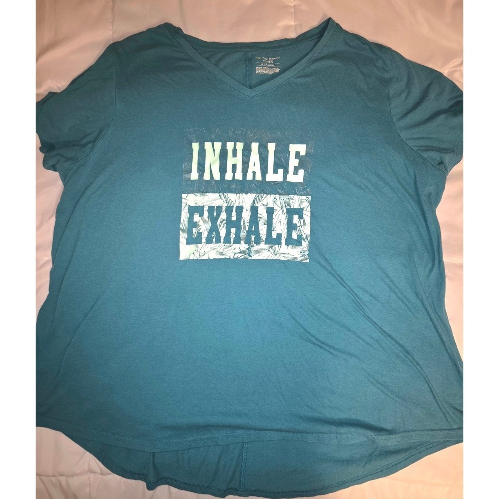 Tek Gear Dry Tek Womens 2X Teal Blue Inhale Exhale Graphic V-Neck Active T-Shirt